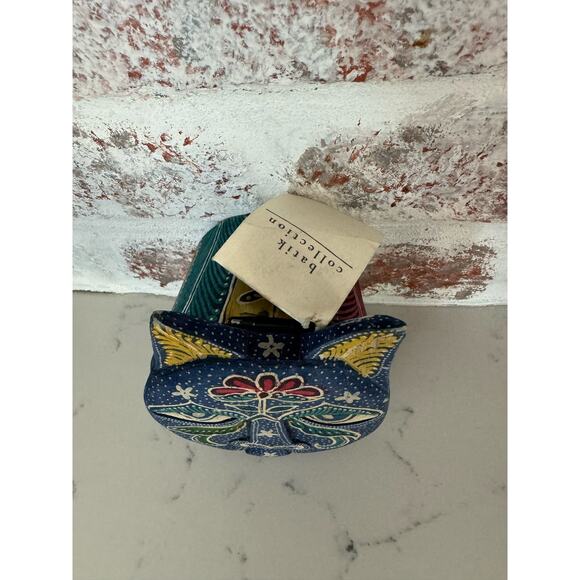 Hand Carved Wood Cat Face Box Covered in Hand Dyed Batik - Picture 2 of 14
